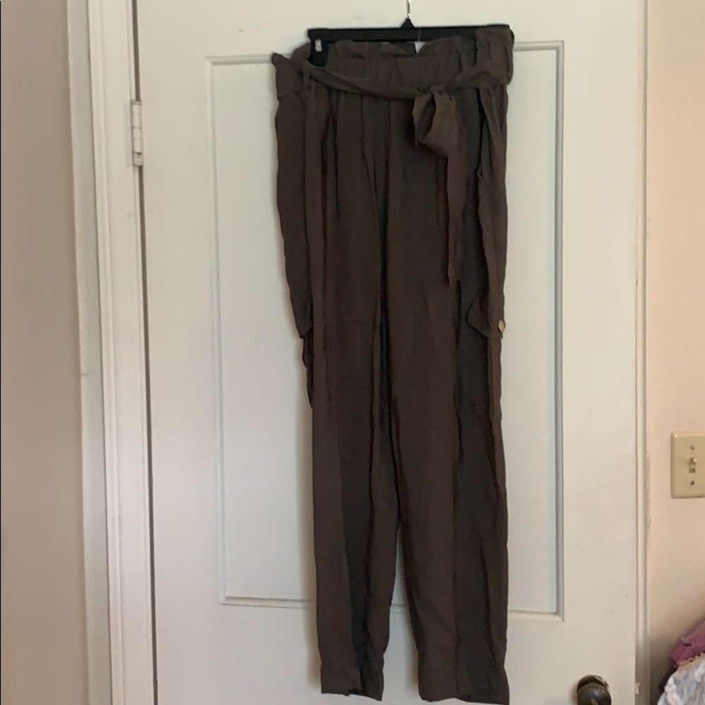 Olive Green Loft Paper Bag Pants with tie!
